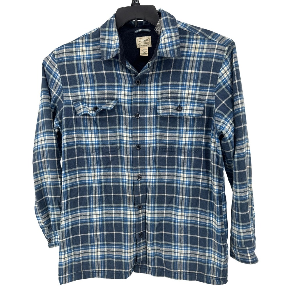 LL Bean Flannel Shirt jacket L Reg Blue Fleece Lined Button Up Shacket Outdoors